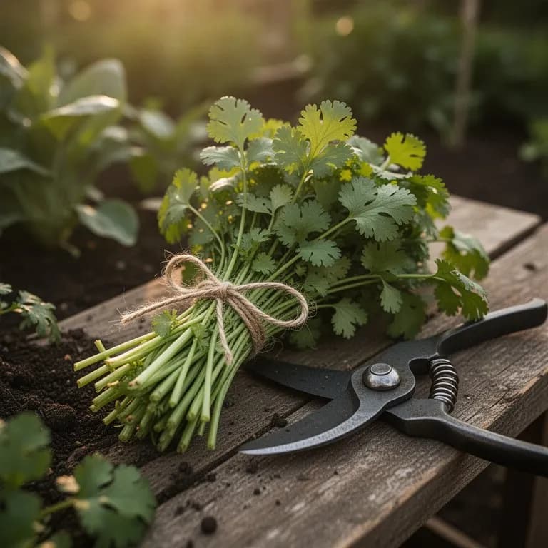 Manojo recién cosechado de hojas de cilantro Calypso de color verde brillante sobre una tabla de madera
