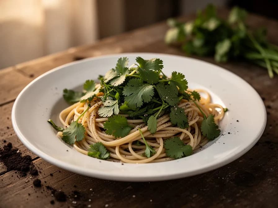Tazón de vibrante salsa verde elaborada con cilantro fresco junto a totopos de maíz