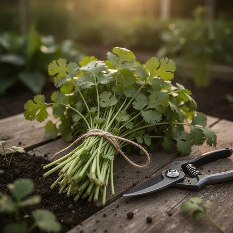 Freshly cut bunch of cilantro slow-bolt stems held above a garden bed