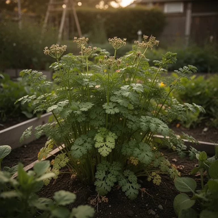 Exuberantes plantas maduras de cilantro de floración lenta con amplias hojas planas inferiores y follaje superior finamente dividido