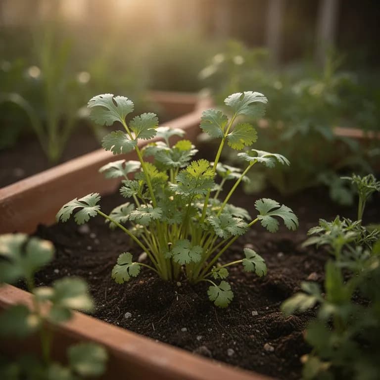 Lush mature cilantro slow-bolt plants with broad flat lower leaves and finely divided upper foliage