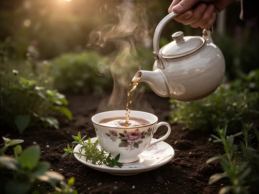 Una humeante taza de té de corteza de canela con un rizo de canilla fresca reposando sobre el platillo