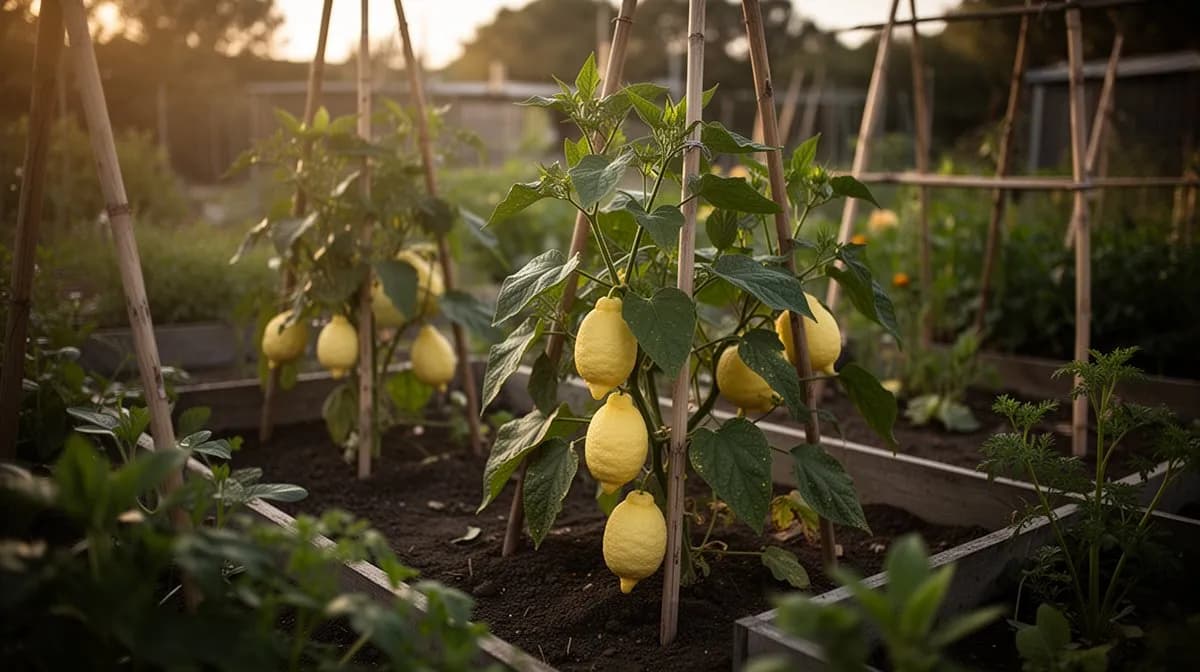 Cidro cultivado en maceta con varios frutos grandes amarillos en una terraza mediterránea soleada