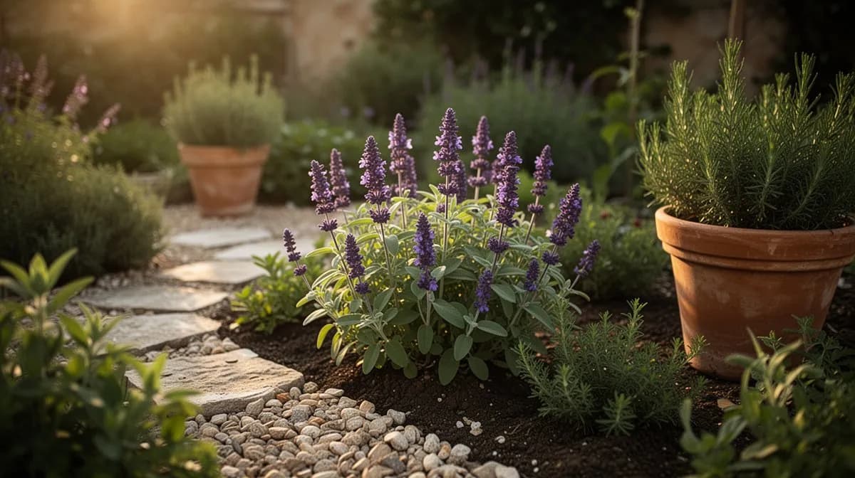 Clary sage planted in a mixed perennial border with companion plants