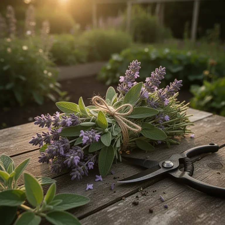 Freshly harvested clary sage stems with flowers and leaves