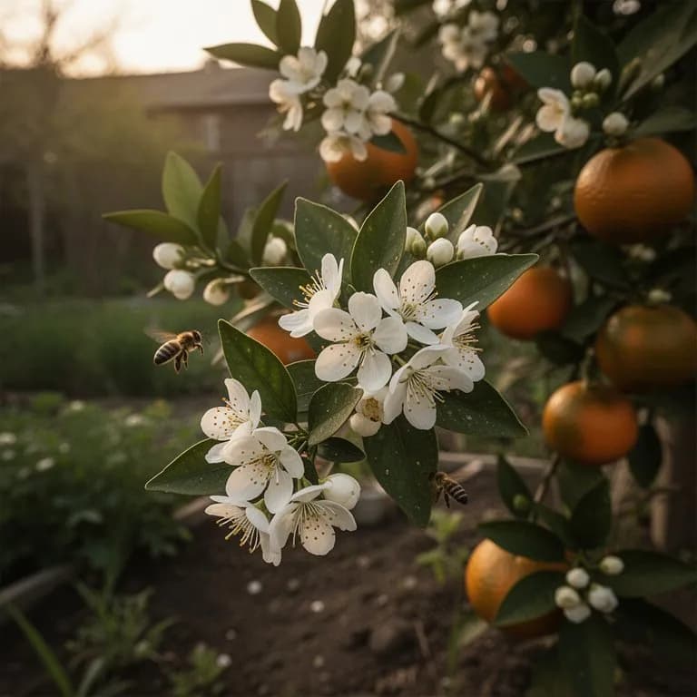Delicadas flores blancas de clementina con estambres dorados en una rama con hojas verde oscuro