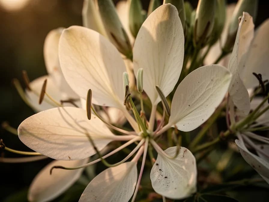 Gemischte Bepflanzung aus rosa, lila und weißen Cleome-Sorten in einem Gartenbeet