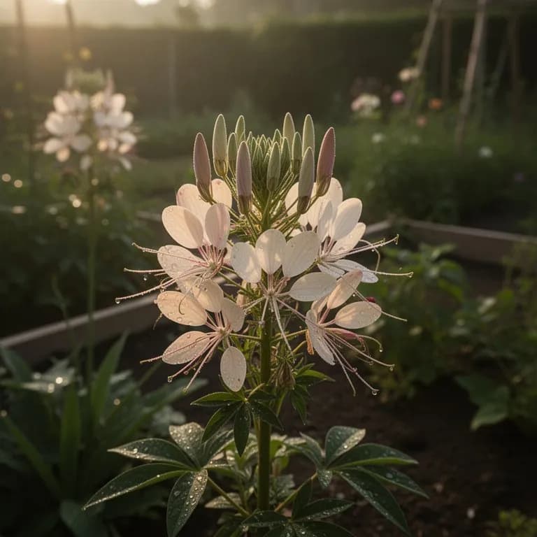 Taubenschwänzchen besucht eine Cleome-Blüte auf der Suche nach Nektar