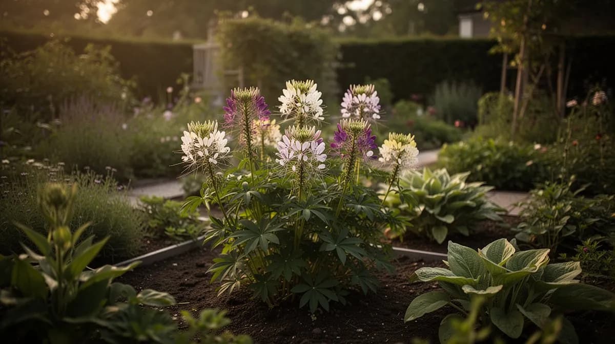 Reihe von Cleome-Pflanzen, die eine farbenfrohe Hintergrundbepflanzung in einem Bauerngarten bilden