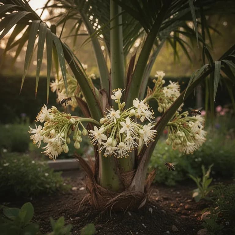 Inflorescencia del cocotero con flores blancas cremosas