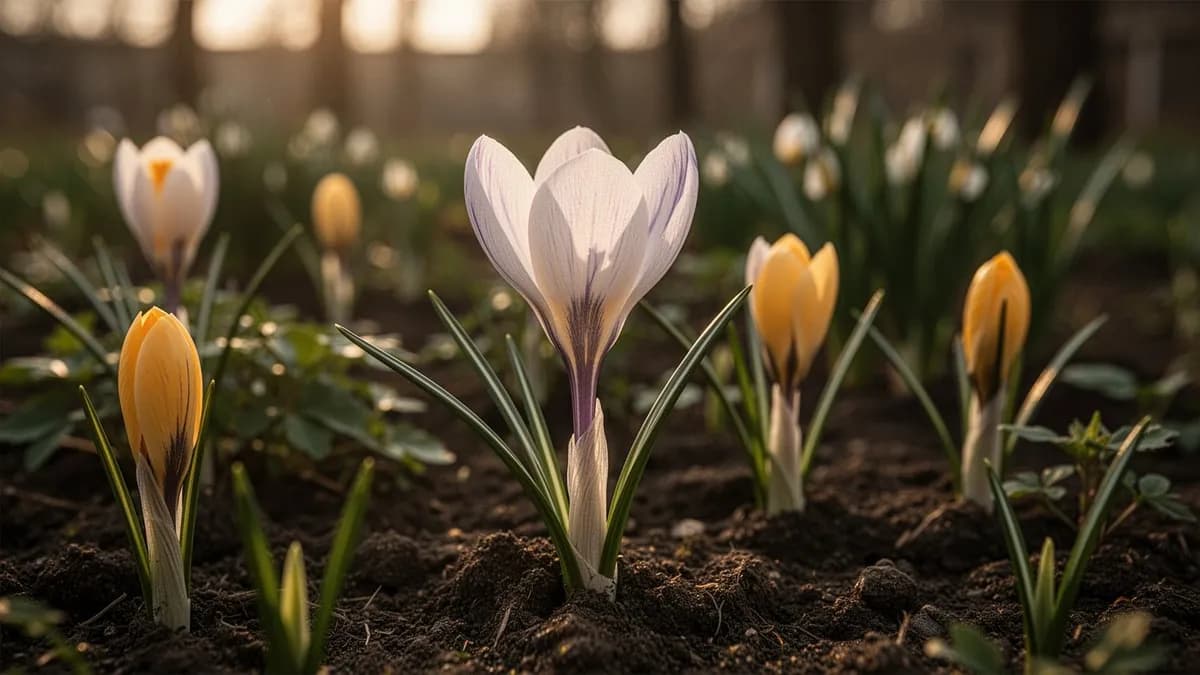 Grandes cormos marrones de Colchicum con túnicas papiráceas listos para plantar a finales del verano