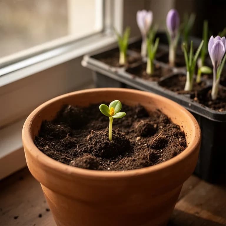 Hinchada cápsula de semillas verde de Colchicum anidada a ras del suelo entre el follaje primaveral