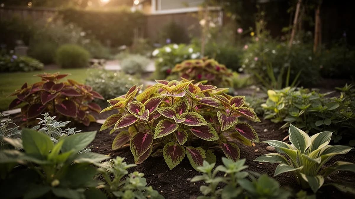 Mixed coleus varieties planted in a decorative container arrangement