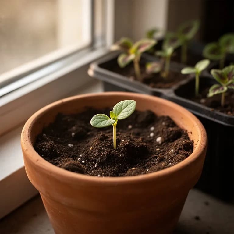 Tiny coleus seedlings showing their first true leaves with faint color patterns