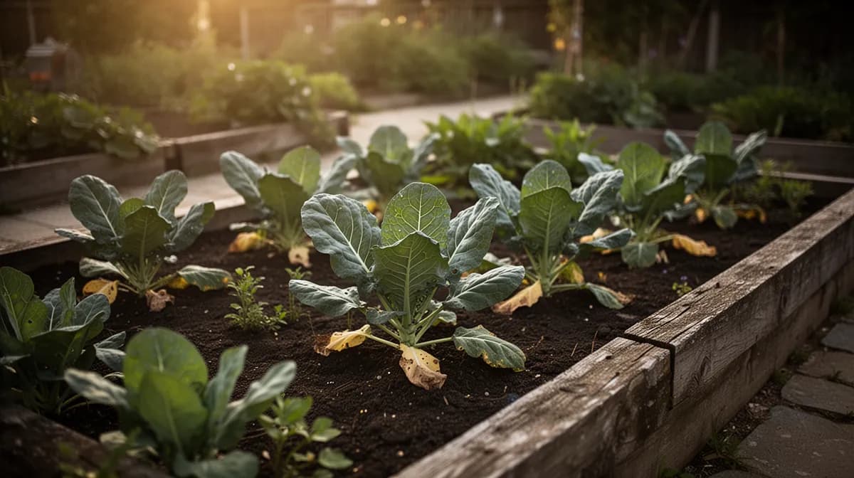 Reihe hoher Blätterkohlpflanzen in einem produktiven Gemüsegarten