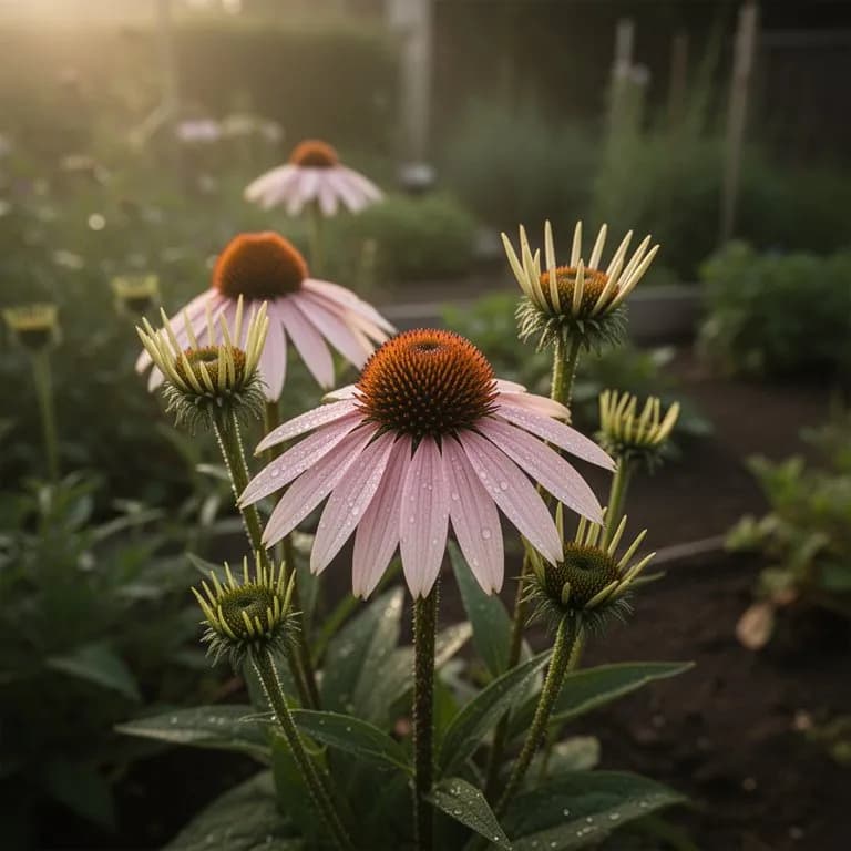 Nahaufnahme einer einzelnen Echinacea purpurea-Blüte mit stacheligen Scheibenblüten und zurückgebogenen Zungenblüten