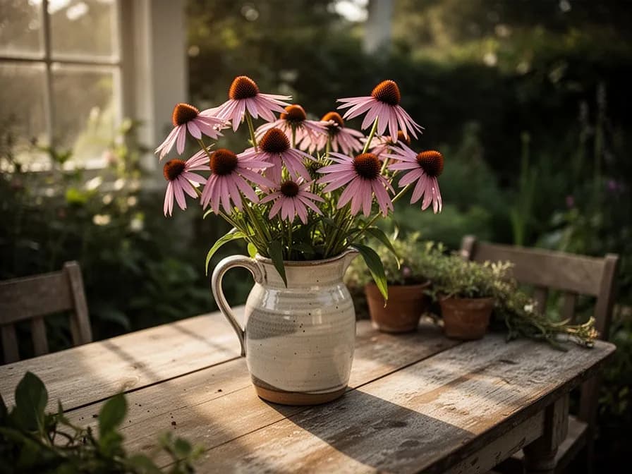 Flores secas de equinácea y trozos de raíz en un frasco de vidrio