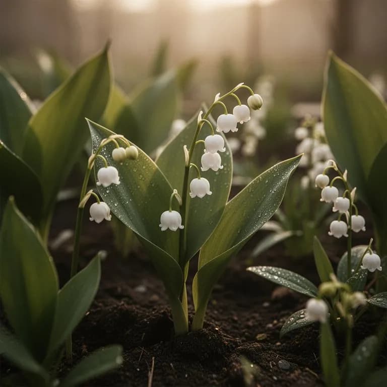 Delicadas flores acampanadas blancas de Convallaria majalis colgando de un tallo arqueado