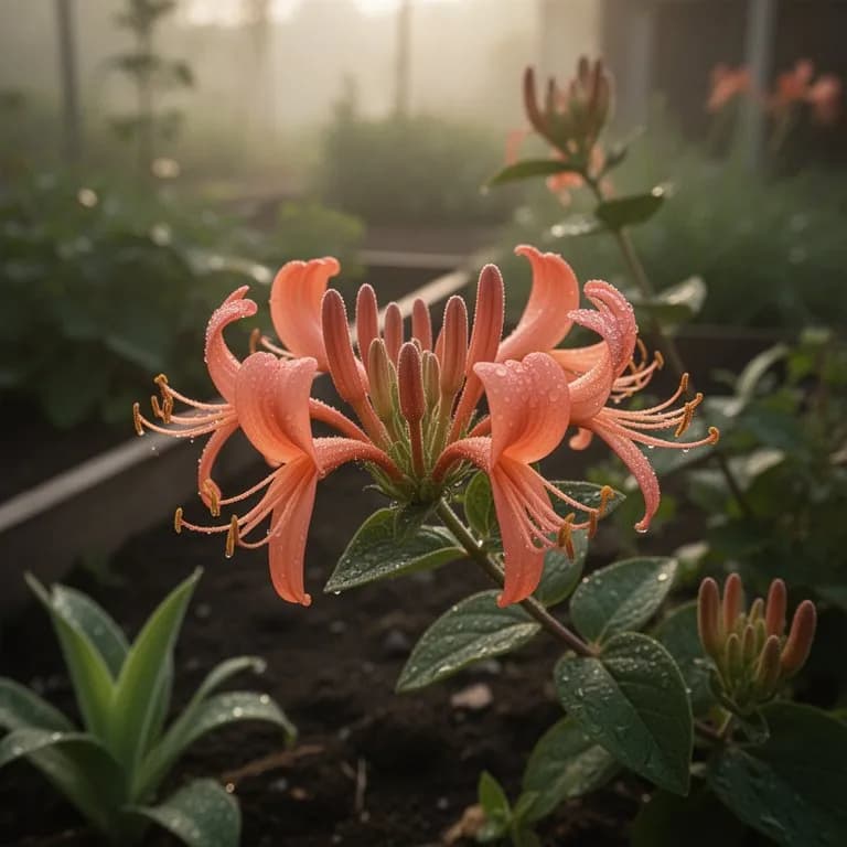 Madreselva de coral en plena floracion con flores tubulares de vivo color rojo anaranjado