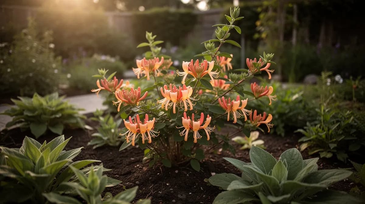 Madreselva de coral cubriendo una valla de jardin con exuberante follaje y flores