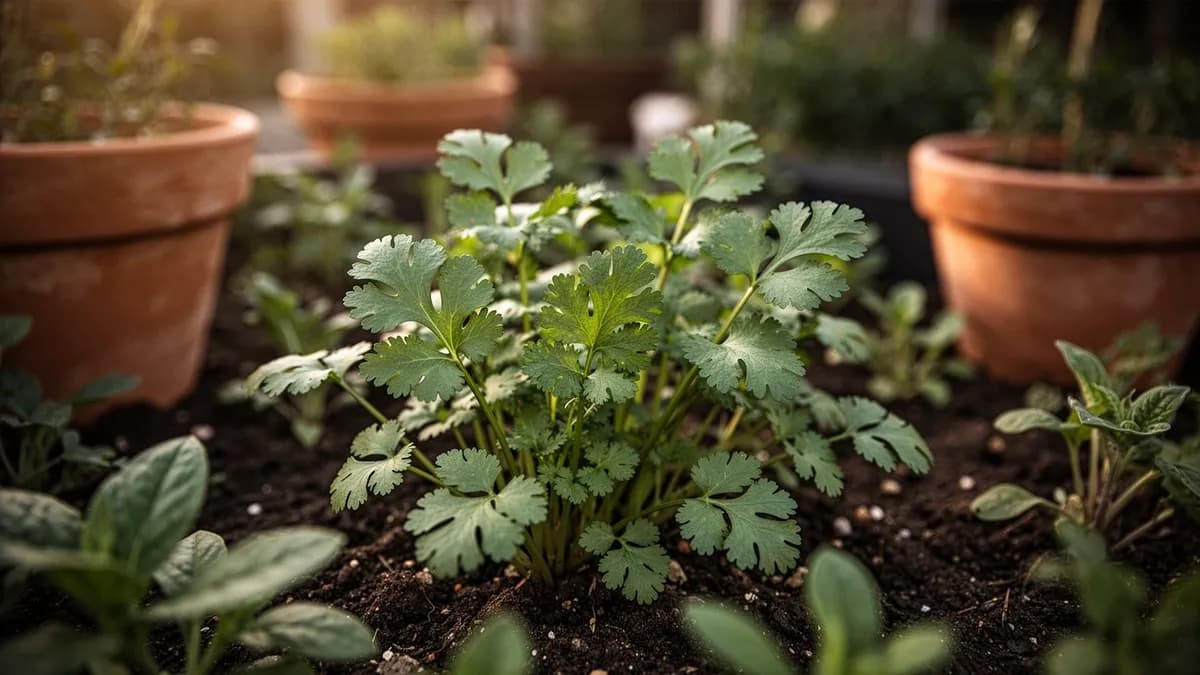 Racimos de semillas de cilantro verdes y redondas formándose en la planta tras la floración