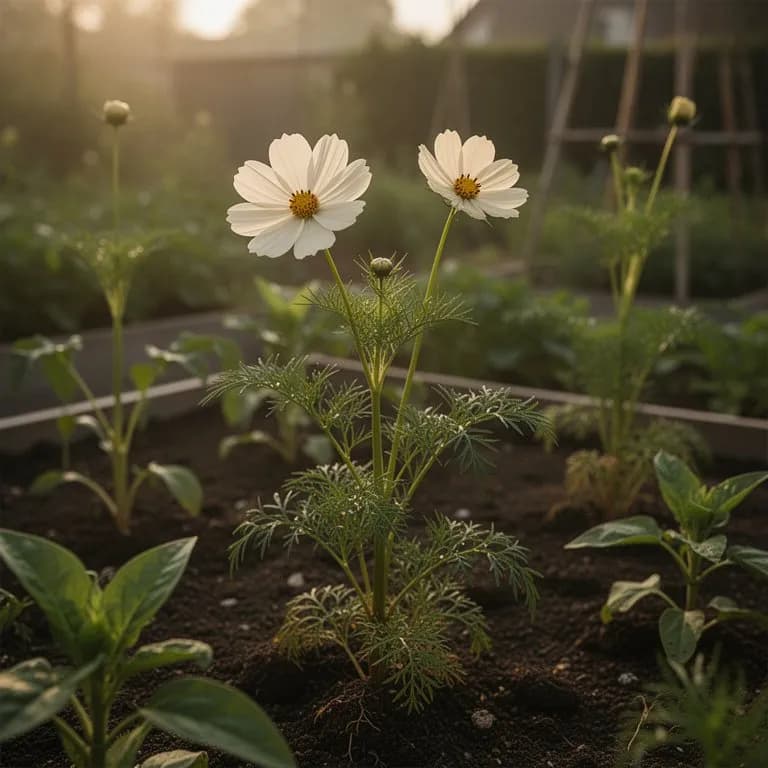 Plantas jóvenes de cosmos con follaje plumoso