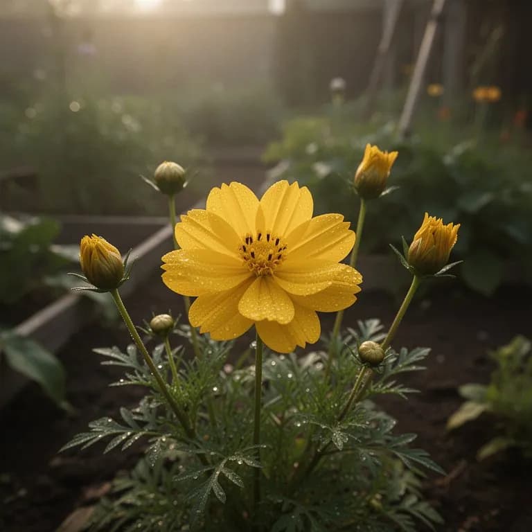 Un jarron rustico lleno de tallos recien cortados de cosmos azufrado en tonos naranja y amarillo