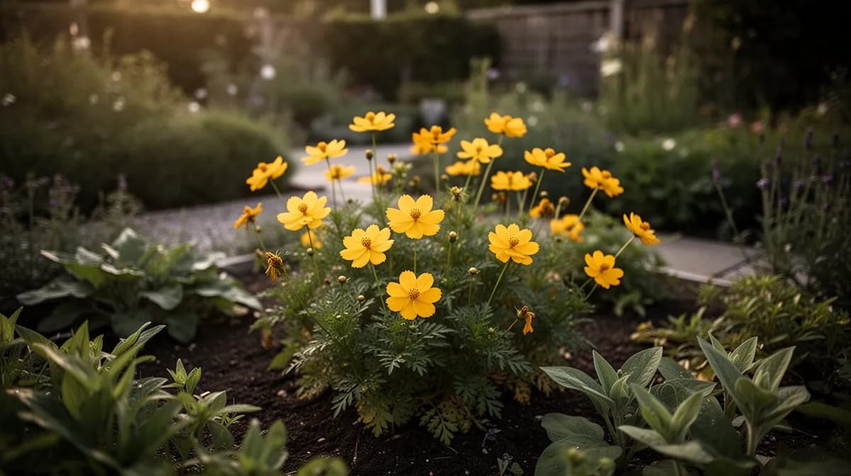 Una densa bordura de cosmos azufrado de colores mezclados a lo largo de un sendero de jardin