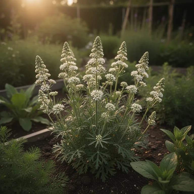 Hierba de Santa María produciendo pequeñas cabezuelas florales amarillas en forma de botón sobre tallos altos y erguidos