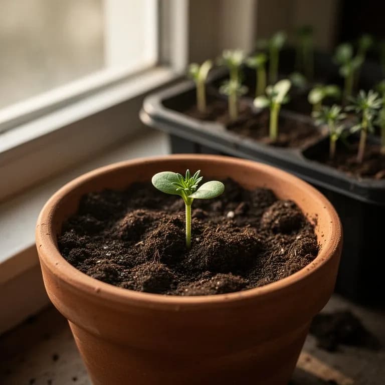 Divisiones jóvenes de hierba de Santa María recién plantadas en suelo de jardín preparado