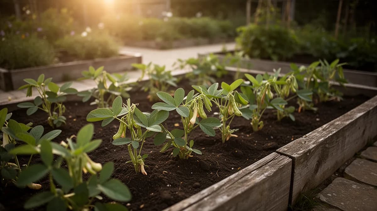 Reihen buschiger Augenbohnenpflanzen in einem sonnigen Sommergarten