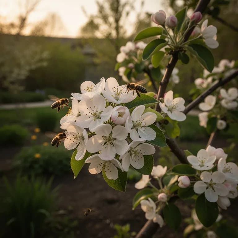 Dolgo-Zierapfelzweig bedeckt mit reinweißen Blüten vor einem blauen Frühlingshimmel
