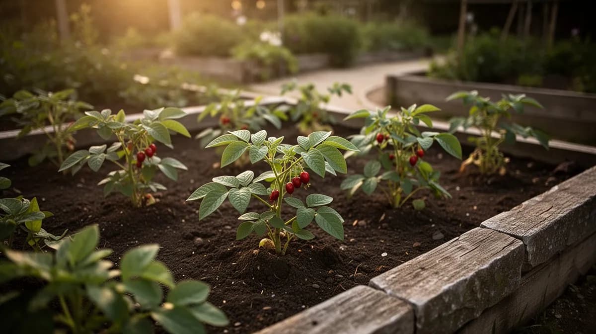 Cranberry bean vines climbing a rustic wooden trellis in a summer garden