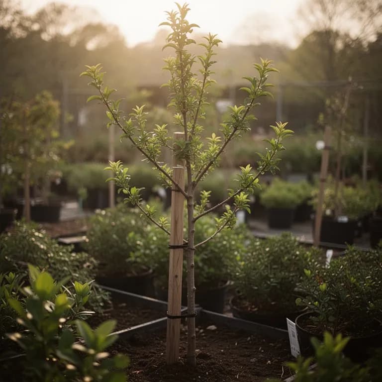 Fresh bronze-tinted spring foliage emerging on crape myrtle branches