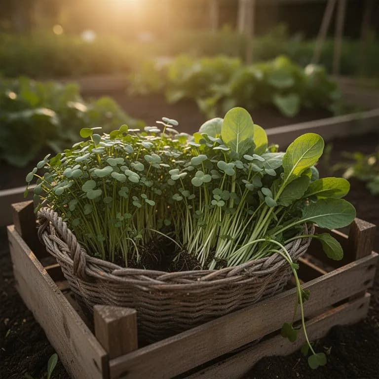 Freshly cut garden cress leaves bundled on a wooden cutting board