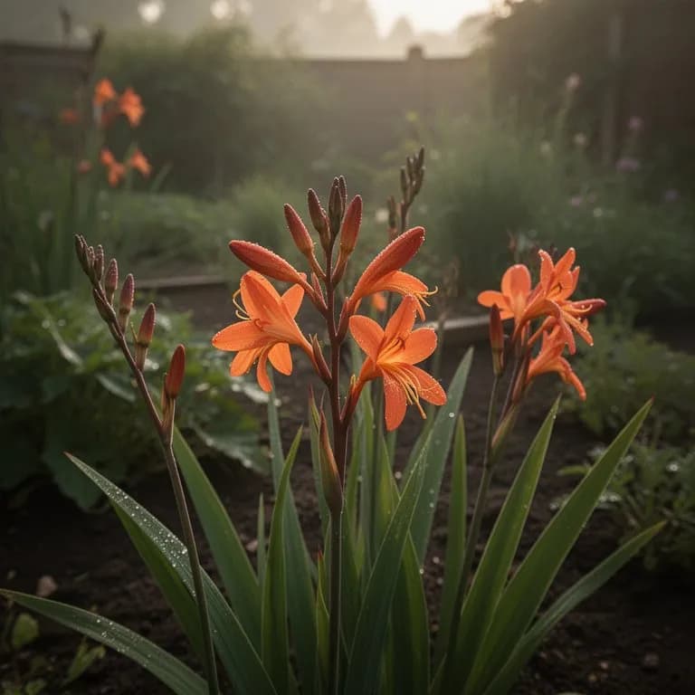 Nahaufnahme röhrenförmiger Crocosmia-Blüten mit feiner Blütenblattstruktur und Staubblättern