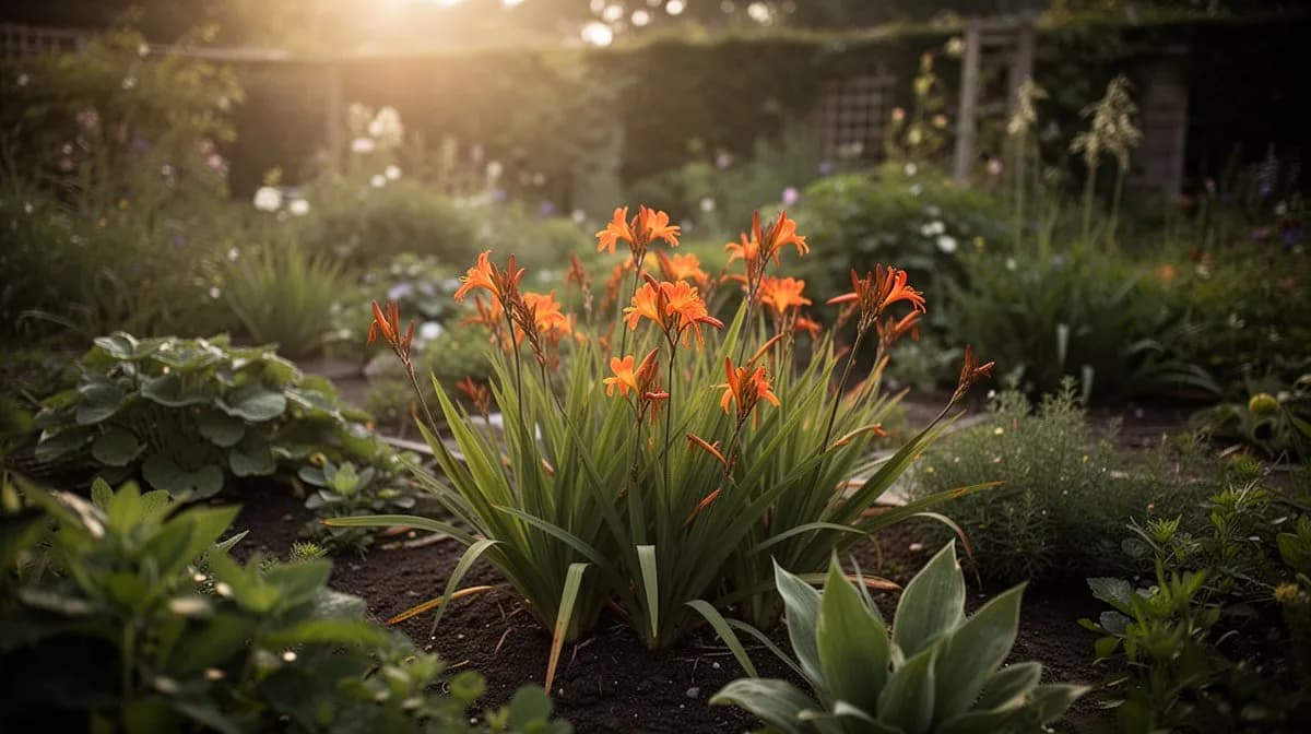 Massenpflanzung von Crocosmia, die einen feurigen Farbteppich in einer Staudenrabatte erzeugt
