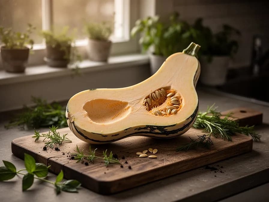 Sliced crookneck squash showing pale creamy interior and tender seeds