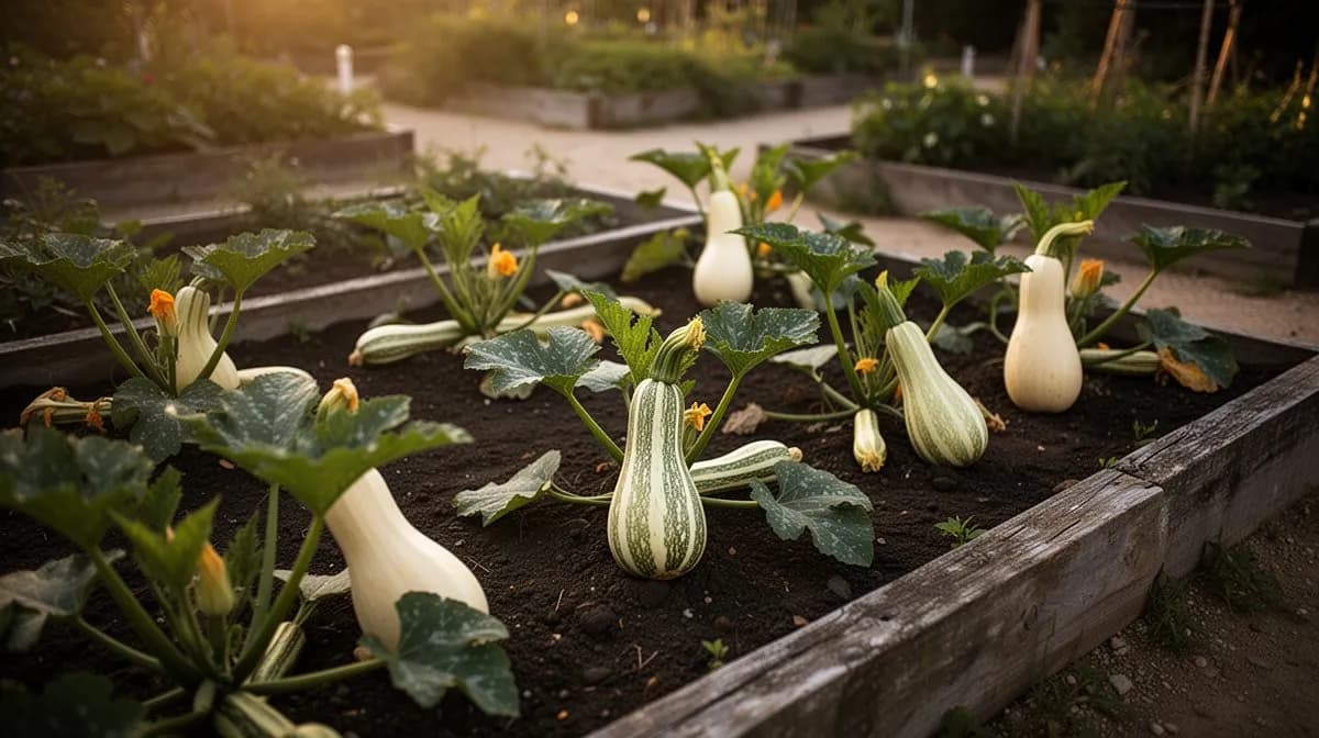 Bushy crookneck squash plant sprawling in a sunny raised bed with multiple fruits visible