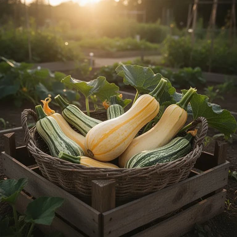 Several bright yellow crookneck squash freshly harvested in a garden basket