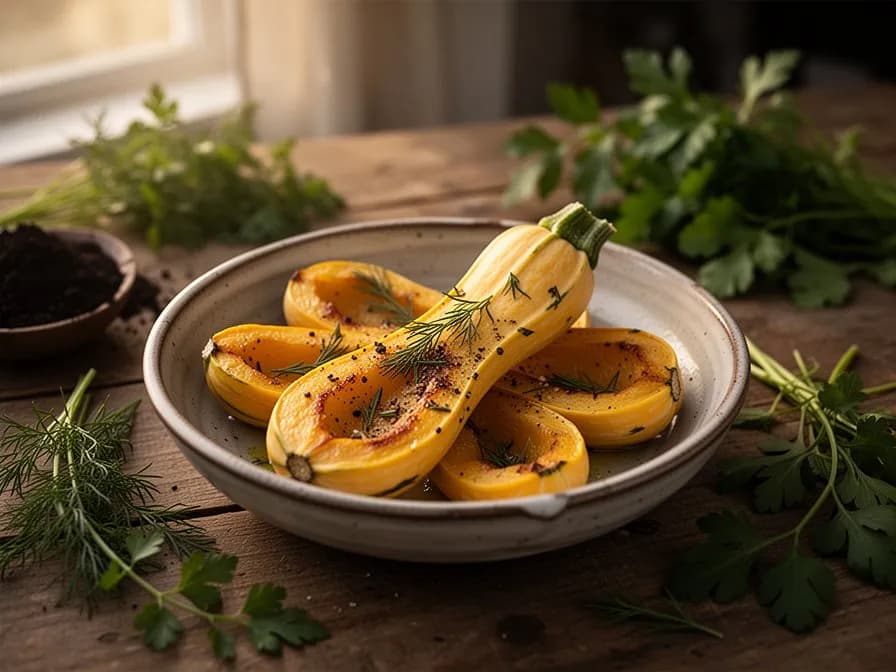 Golden sautéed crookneck squash slices in a cast iron skillet with herbs