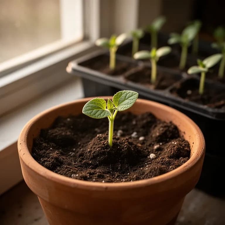 Young crookneck squash seedling with broad cotyledon leaves pushing through warm garden soil