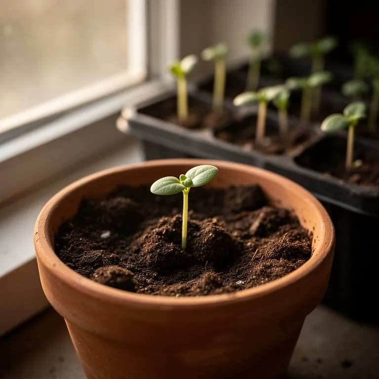 Plántula joven de bignonia trepadora con hojas compuestas emergentes