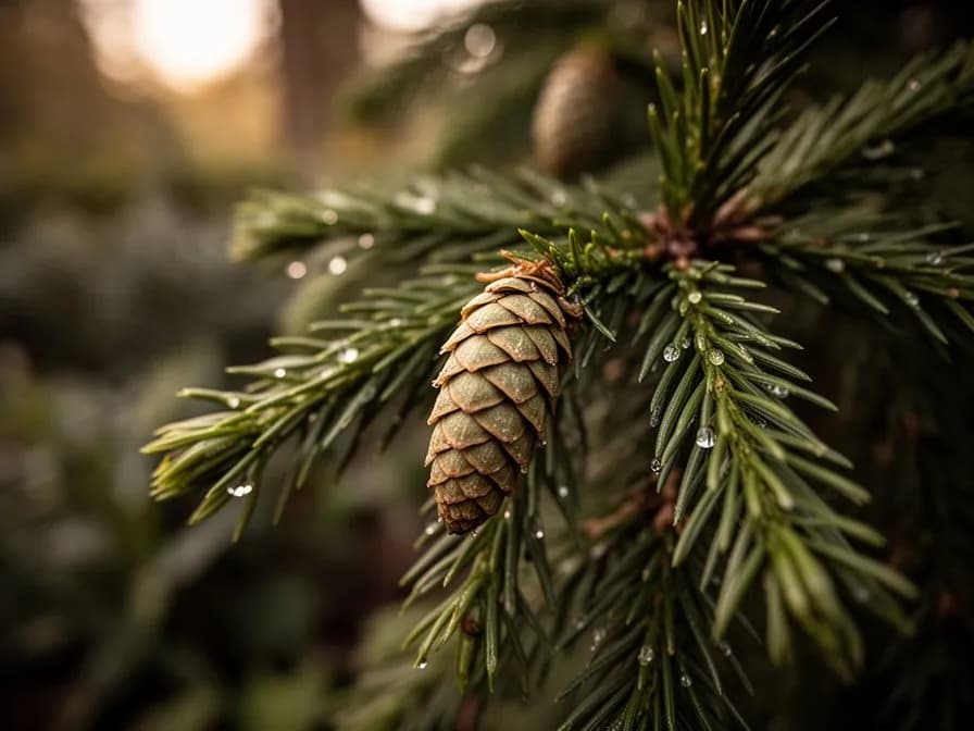 Primer plano de agujas de Cryptomeria japonica dispuestas en espirales a lo largo de la rama