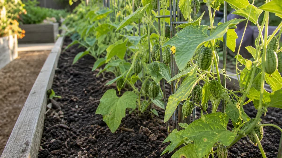 Enredaderas de melón ratón cubriendo densamente un enrejado alto de jardín