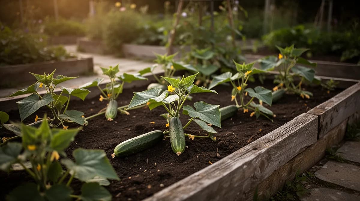 Gurkenranken klettern an einem hölzernen A-Gestell-Spalier in einem Gartenbeet
