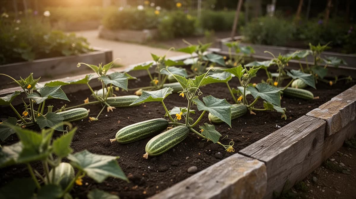 Armenian cucumber plants growing on a large A-frame trellis in a sunny garden