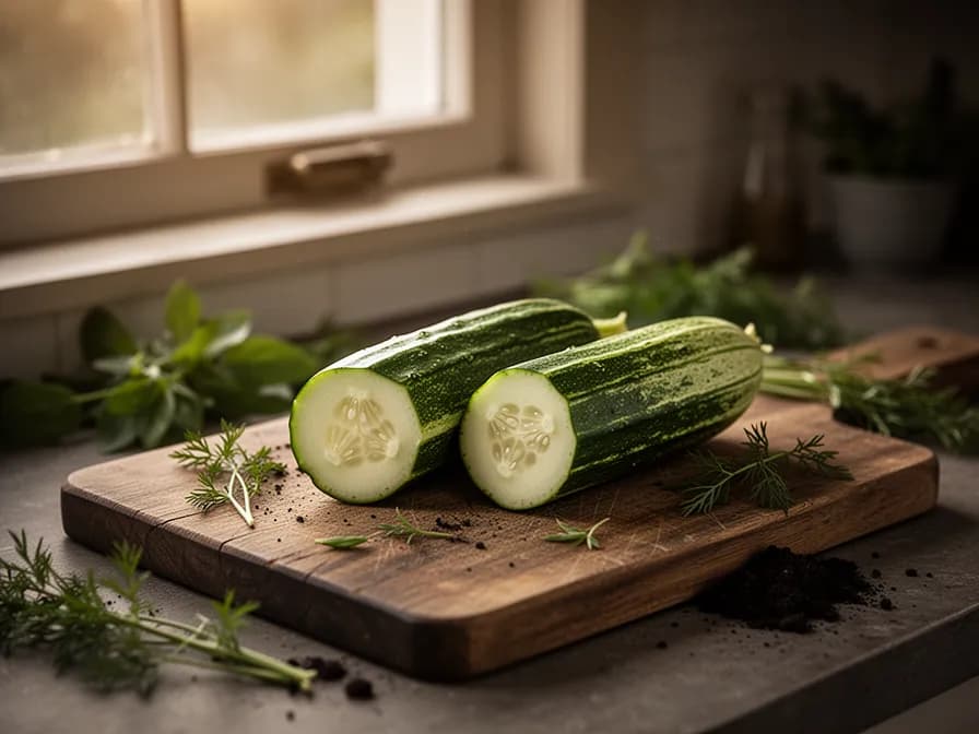 Thinly sliced English cucumber rounds showing seed-free interior