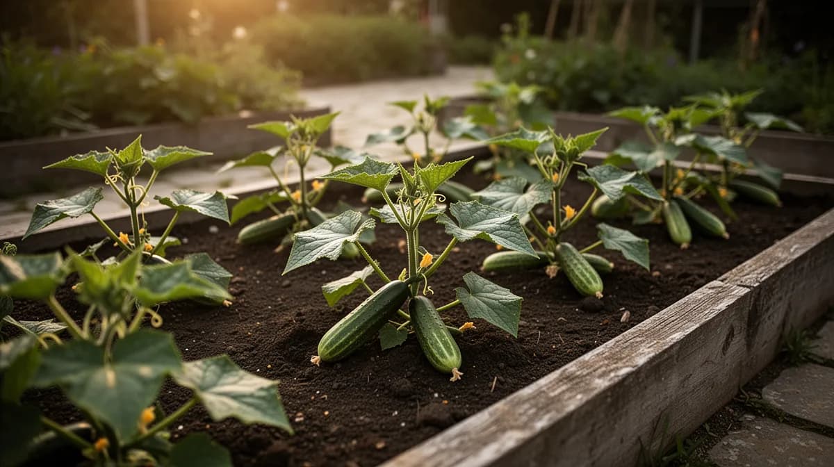 Long English cucumbers hanging straight from a vertical trellis in a greenhouse