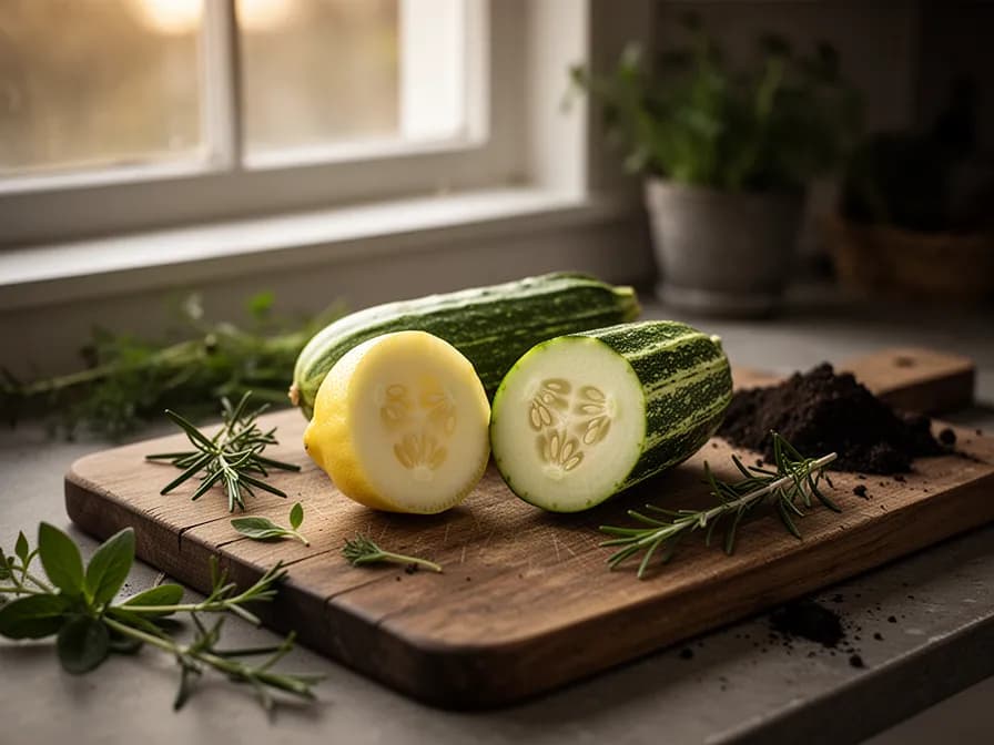 Sliced lemon cucumber rounds showing pale green seedless interior